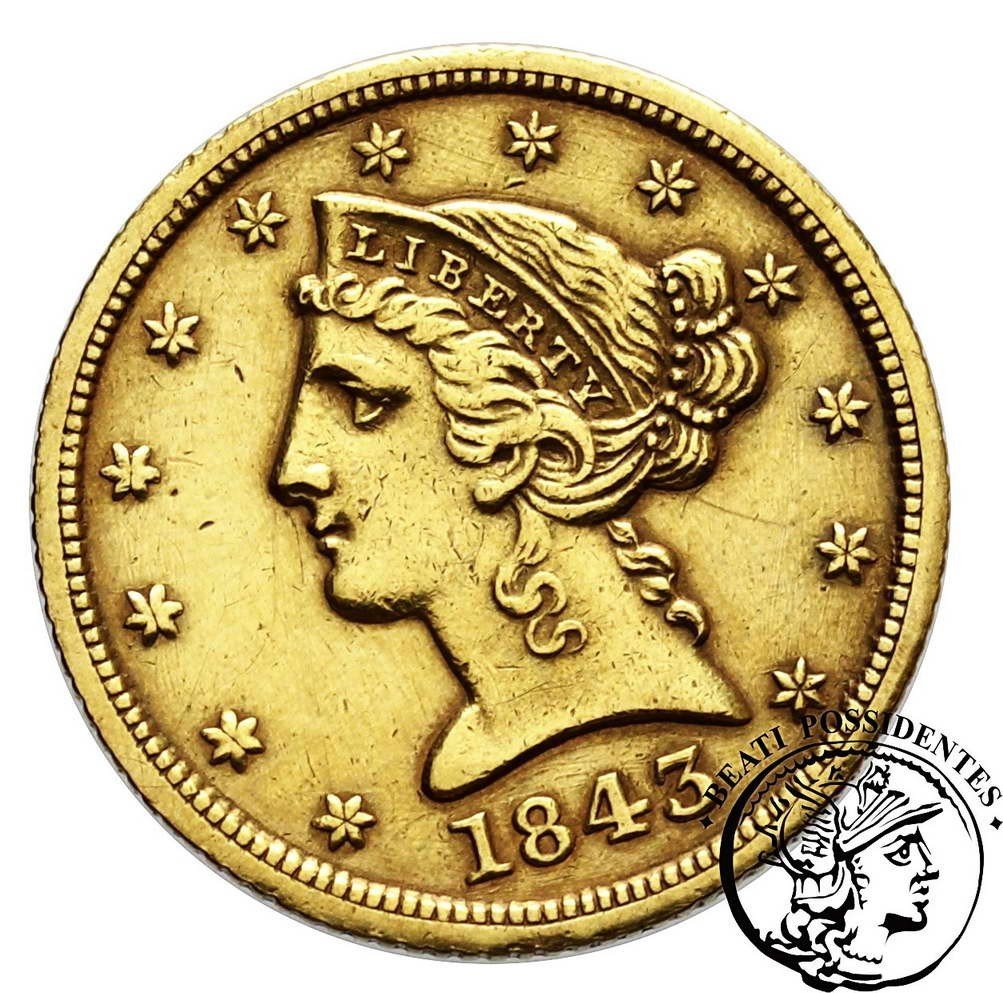 USA 5 $ Dolarów 1843 D (Dahlonega) st.3