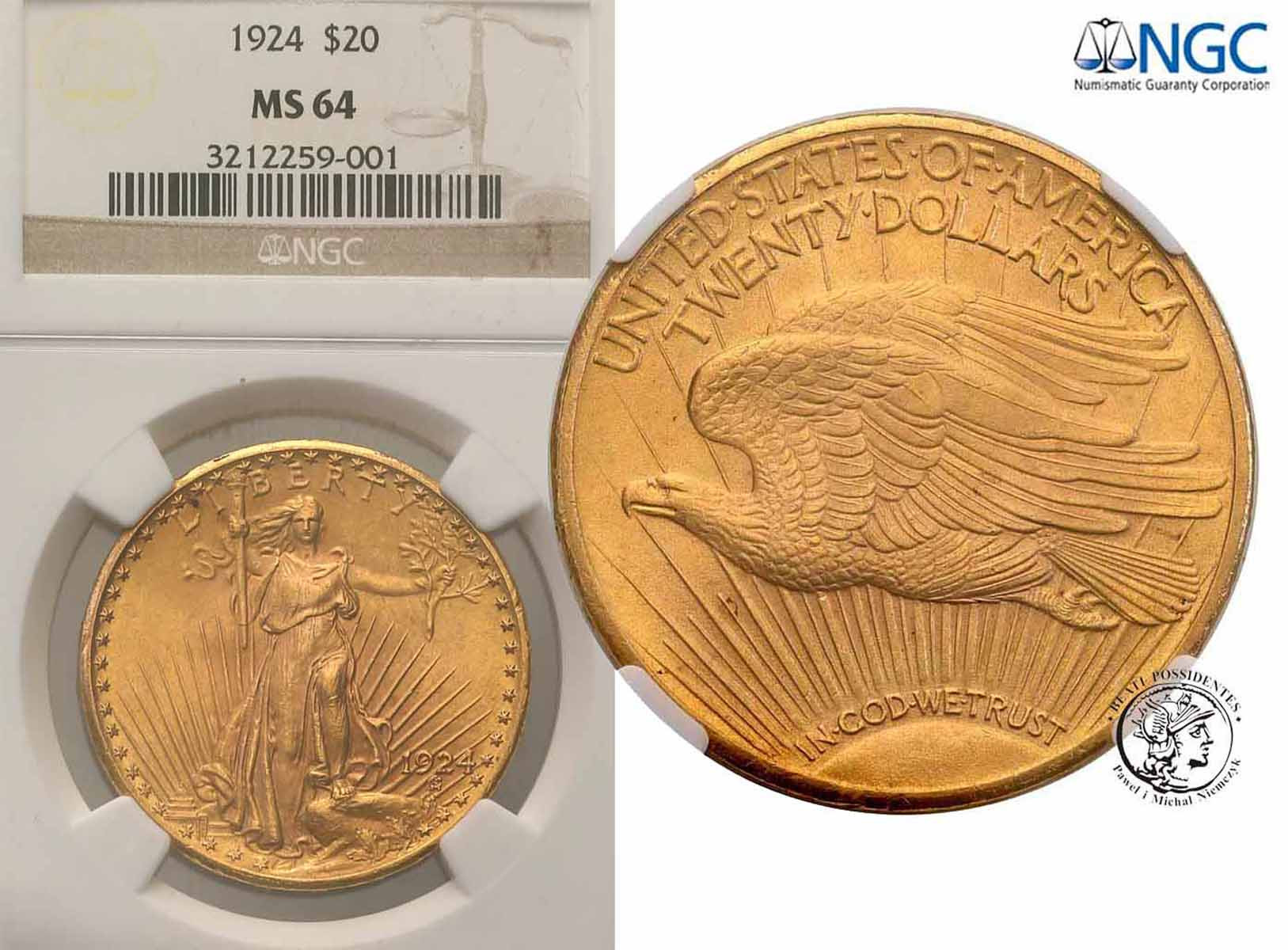 USA. 20 dolarów 1924 NGC MS64