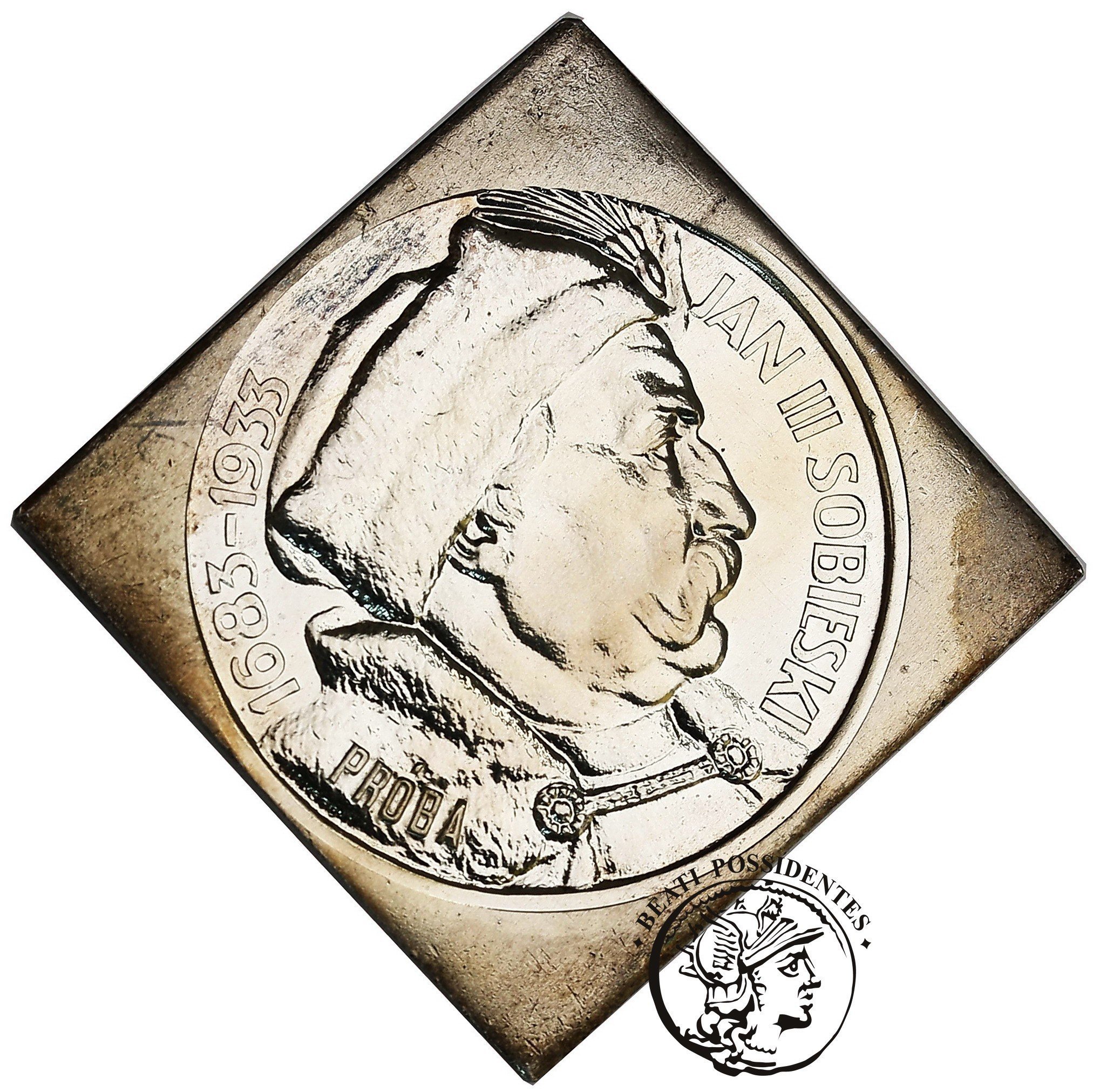 II RP PRÓBA srebro 10 zł Jan III Sobieski klipa stempel lustrzany st. L/L-