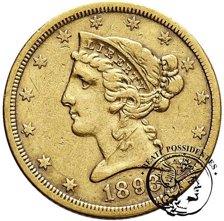 USA 5 Dolarów 1893 CC (Carson City) st.3