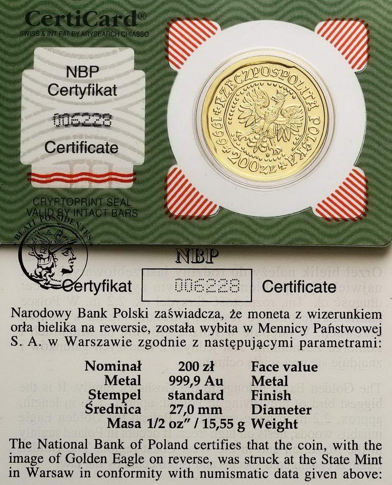 Polska Orzeł Bielik 200 złotych 1999 st. 1