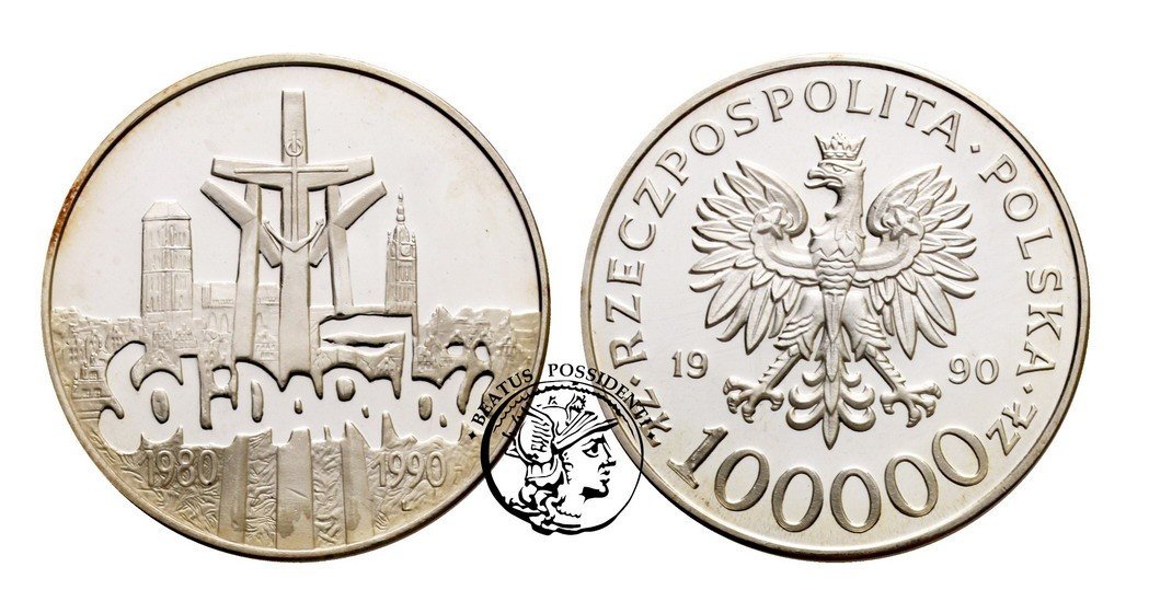 Polska III RP 100000 zł 1990 Solidarność /lustrzanka/ PRÓBA Srebro