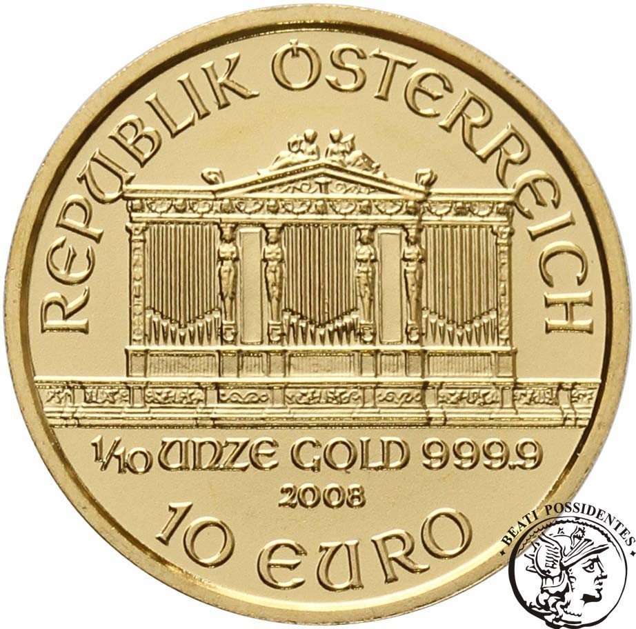 Austria 10 Euro 2008 Filharmonia 1/10 Oz Au st.L stempel lustrzany