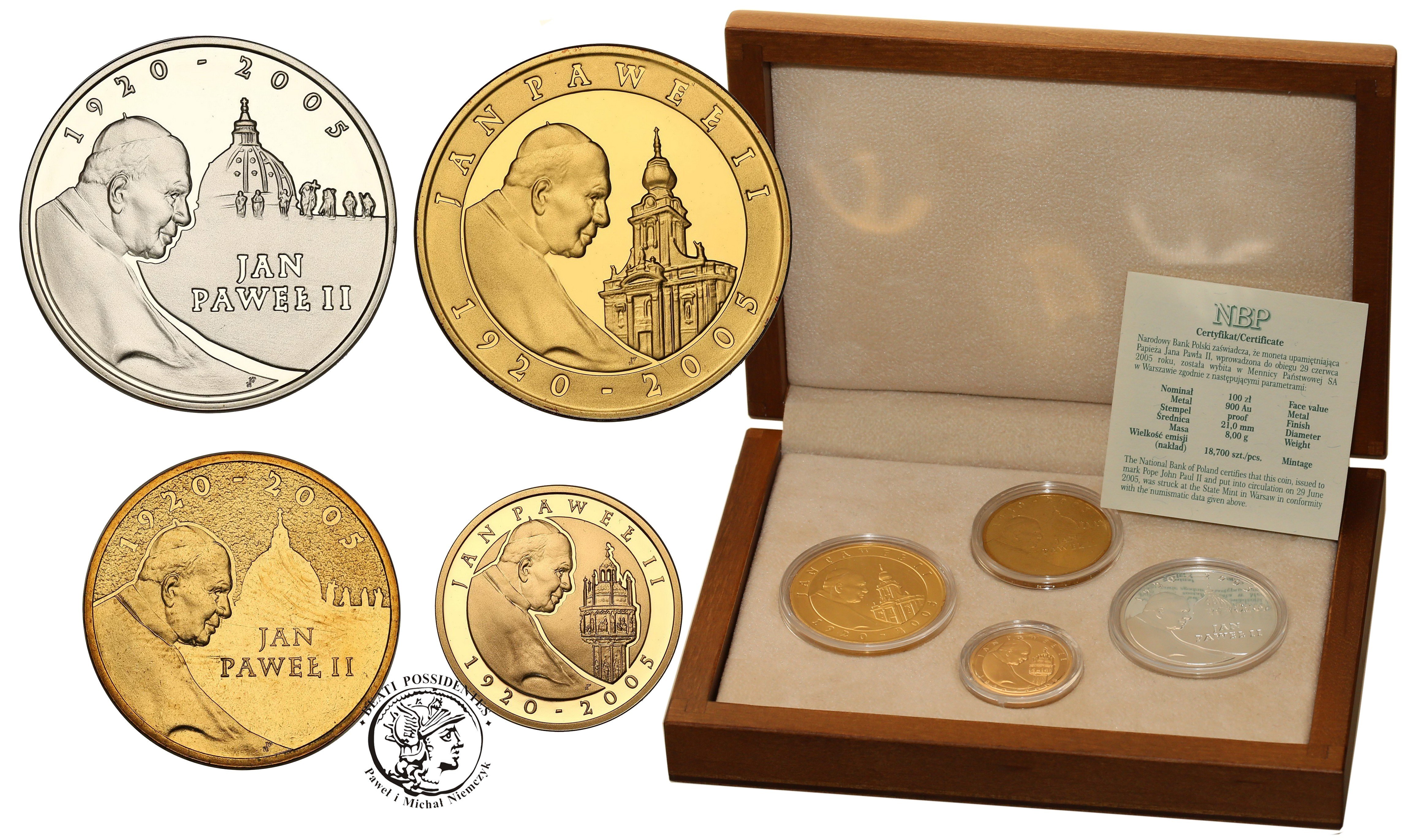 Zestaw Papież Jan Paweł II złoto + srebro 100 złotych 2005 komplet 4 sztuk st. L