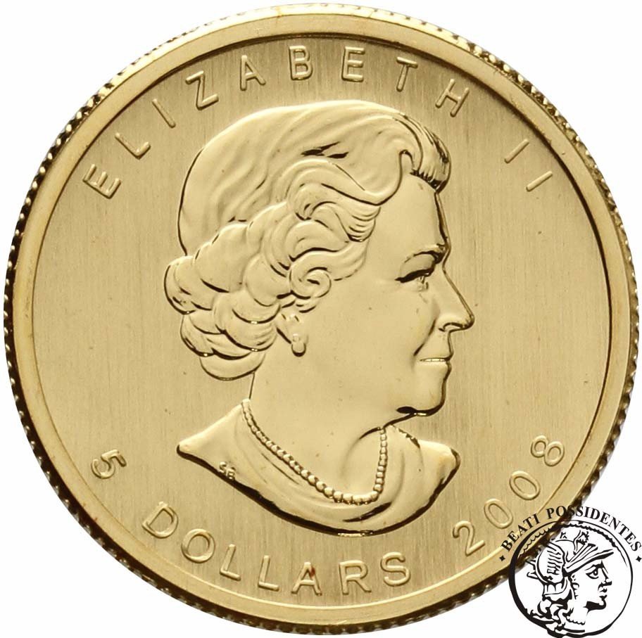 Kanada Elżbieta II 5 Dolarów 2008 1/10 Oz Au st. L stempel lustrzany