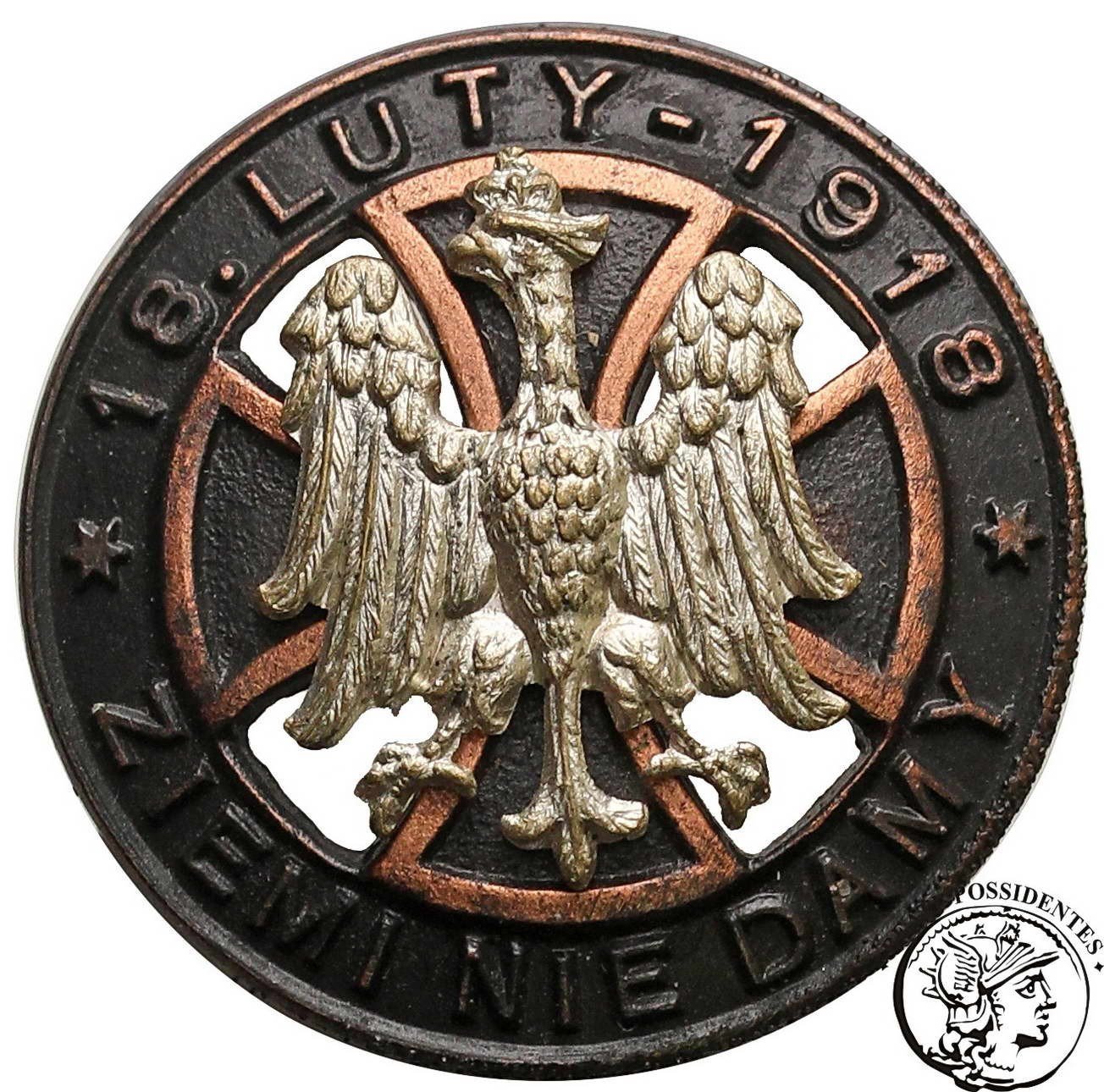 Odznaka Patriotyczna. Po stronie awersu inskrypcja: „18. LUTY – 1918 – ZIEMI NIE