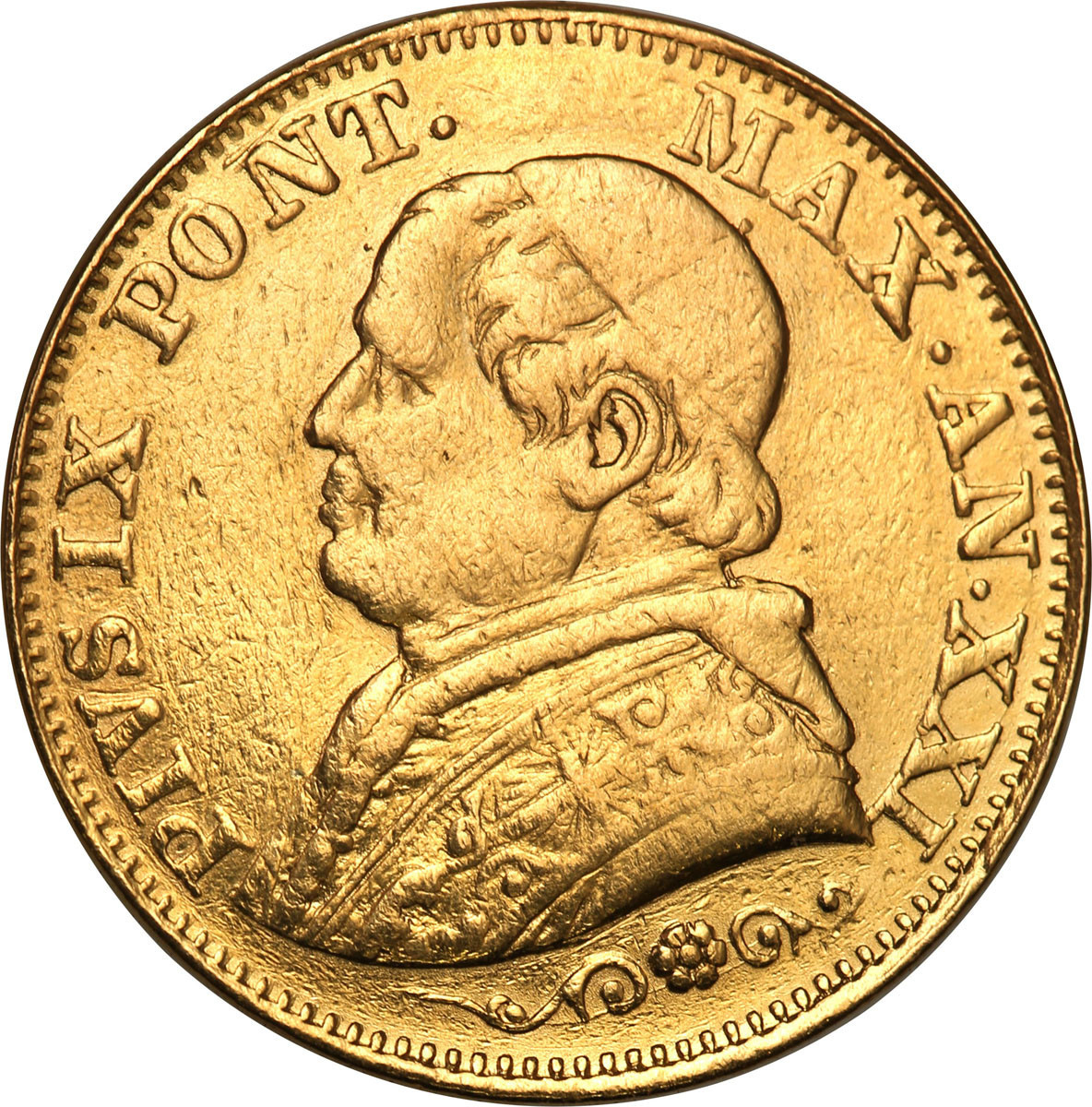 Watykan 10 lirów 1866 / XXI Pius IX RZADKA st. 3