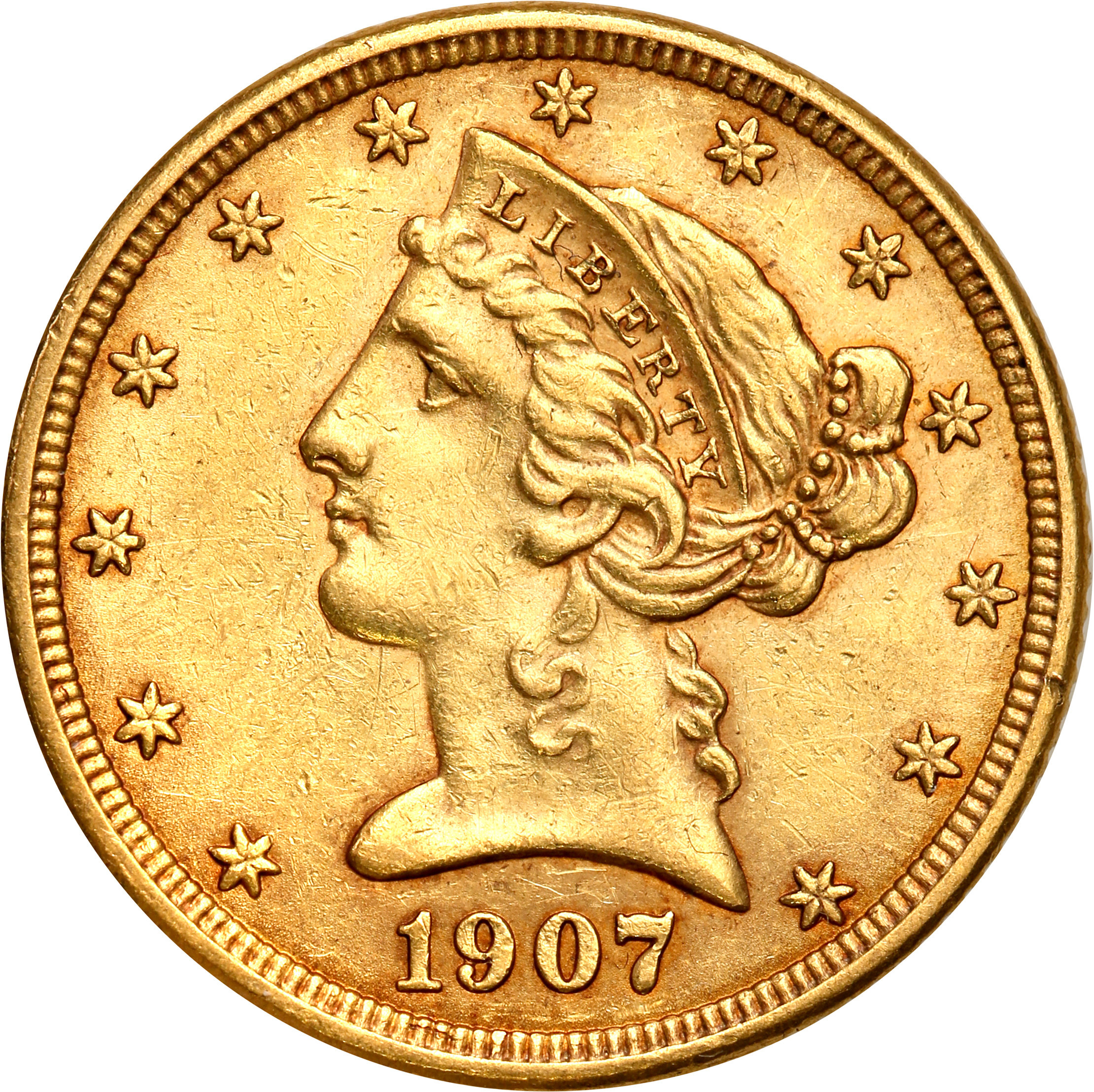 USA 5 dolarów Liberty 1907 D Denver st. 1-/2+