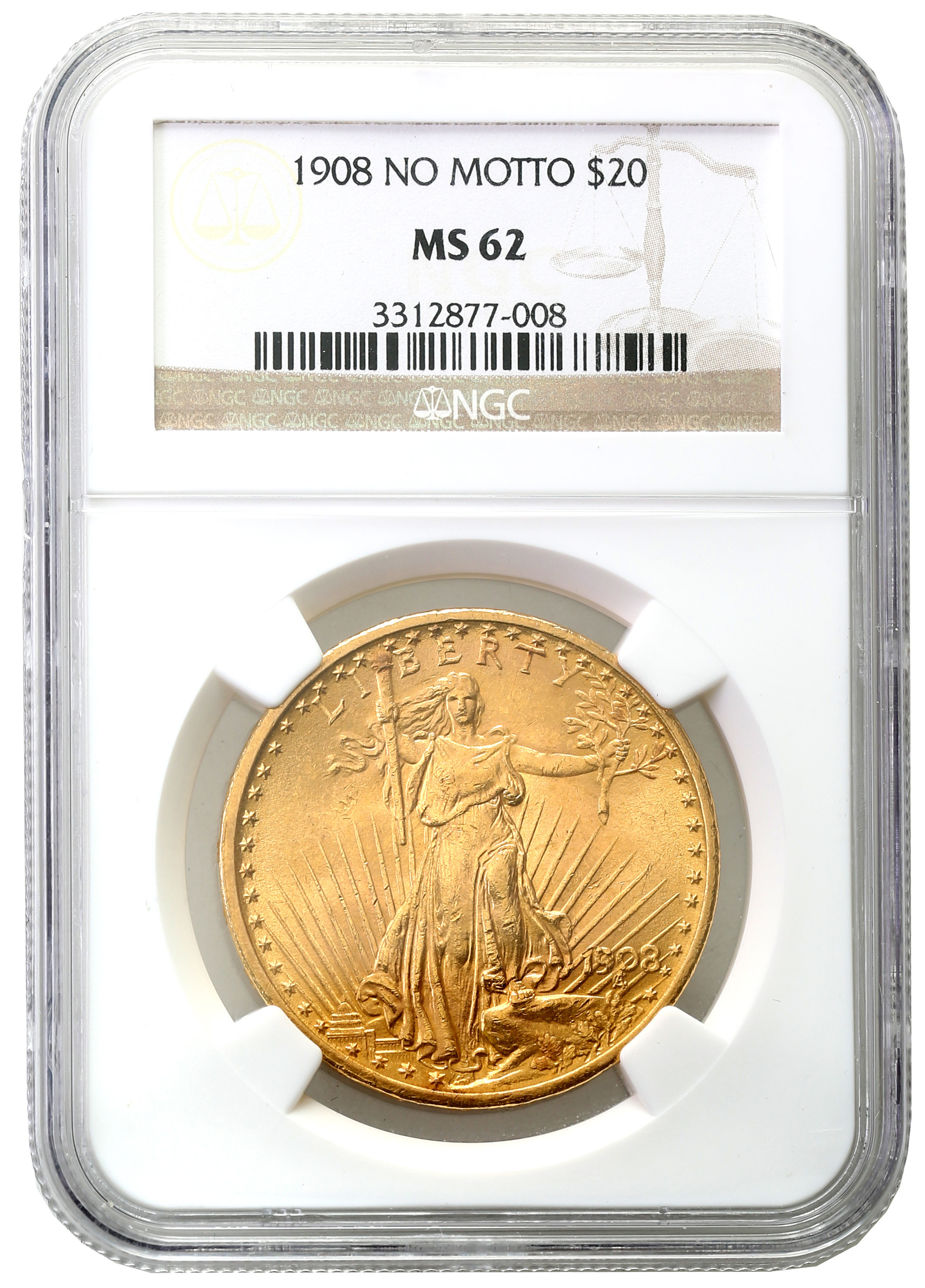 USA. 20 dolarów Saint Gaudens 1908 no motto NGC MS62