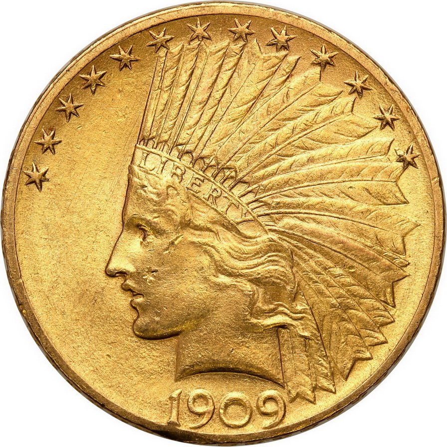USA. Złote 10 $ dolarów Indianin 1909