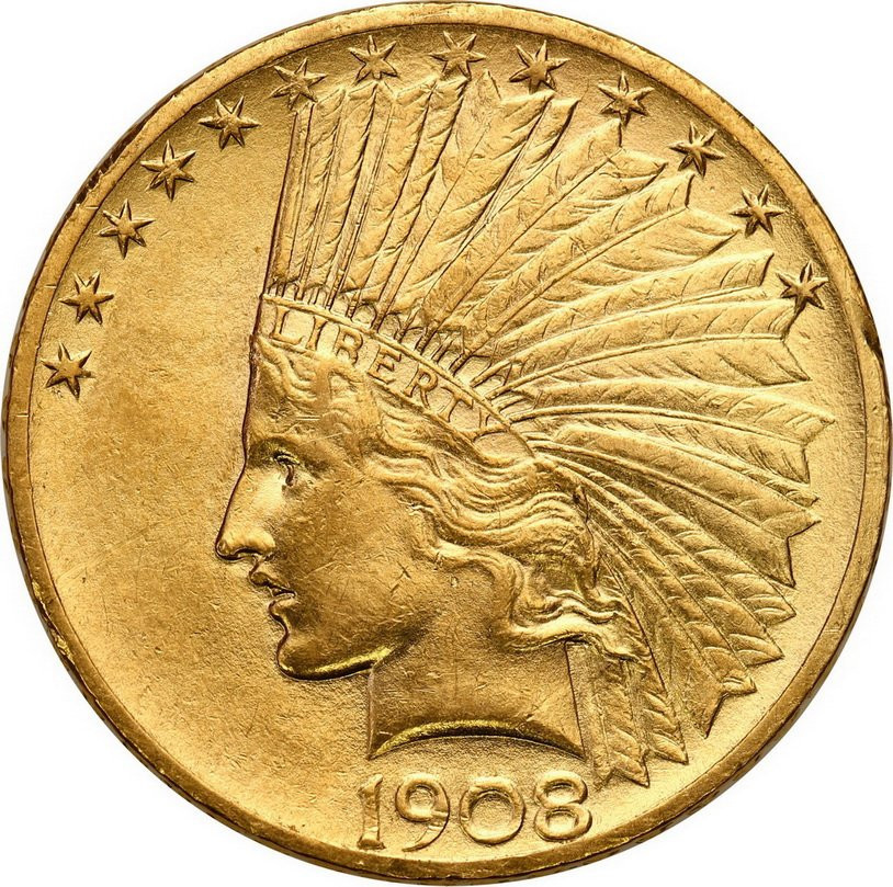 USA. Złote 10  $ dolarów Indianin 1908
