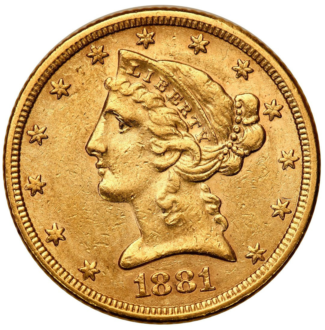 USA. Złote 5 $ dolarów 1881 Filadelfia - B.ŁADNY