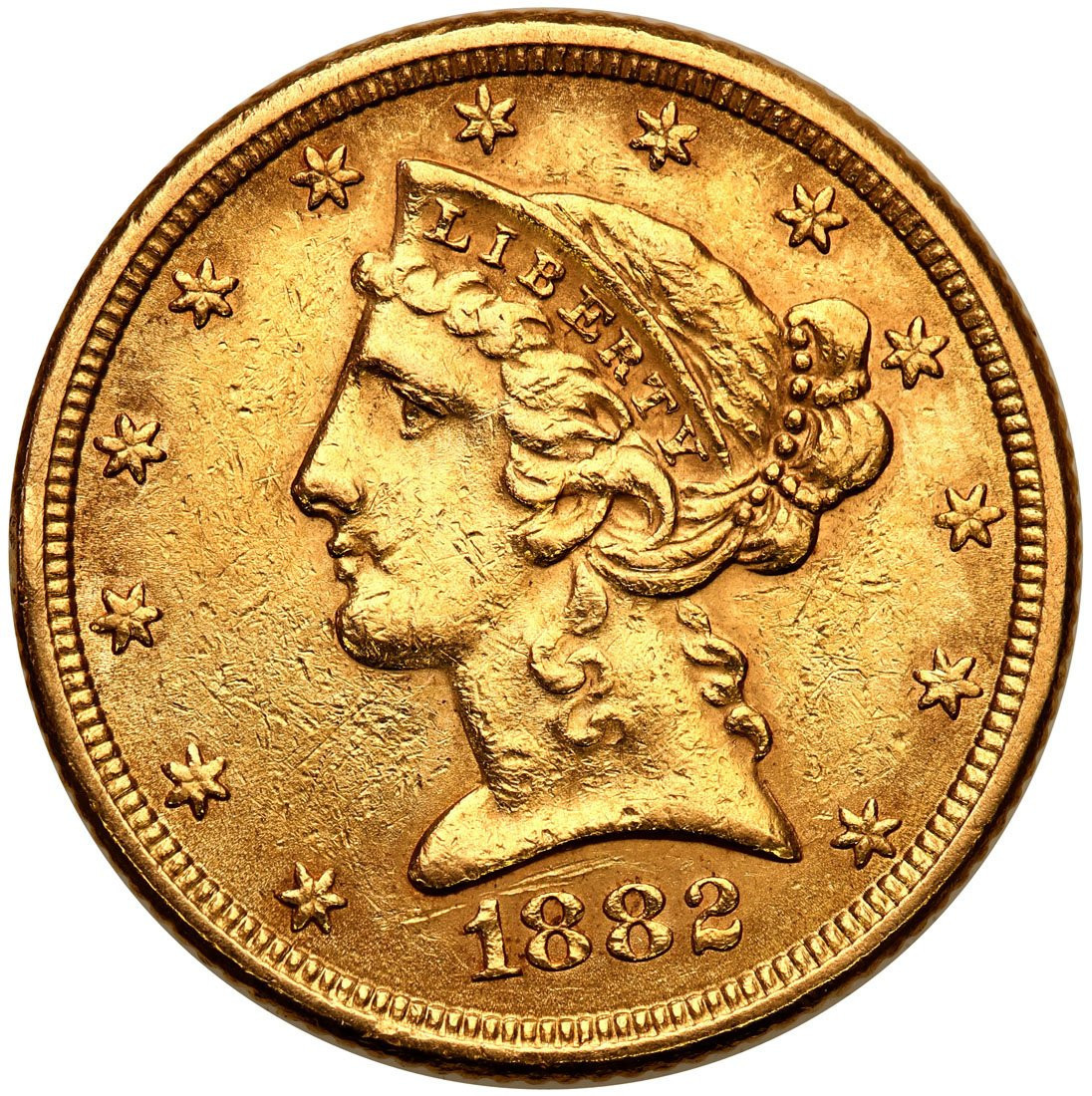 USA. Złote 5 $ dolarów 1882 Filadelfia