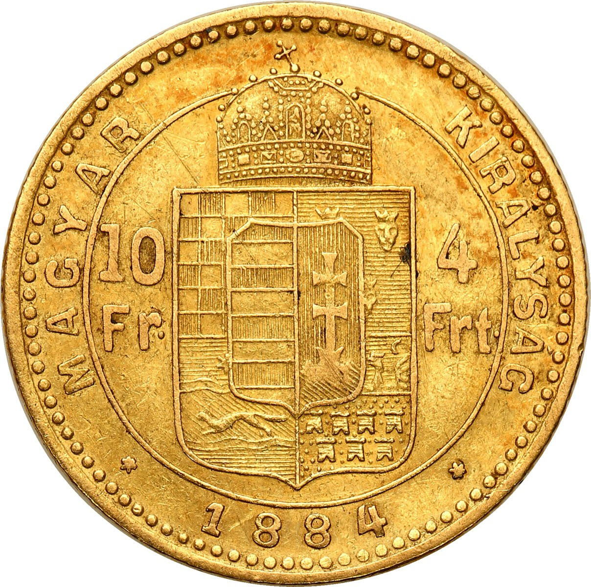 Węgry 10 franków = 4 Forinty 1884 KB