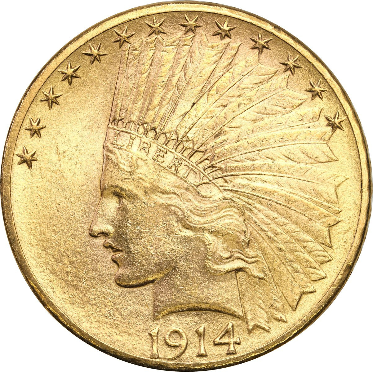 USA. Złote 10 dolarów 1914 D - Denver, Indianin