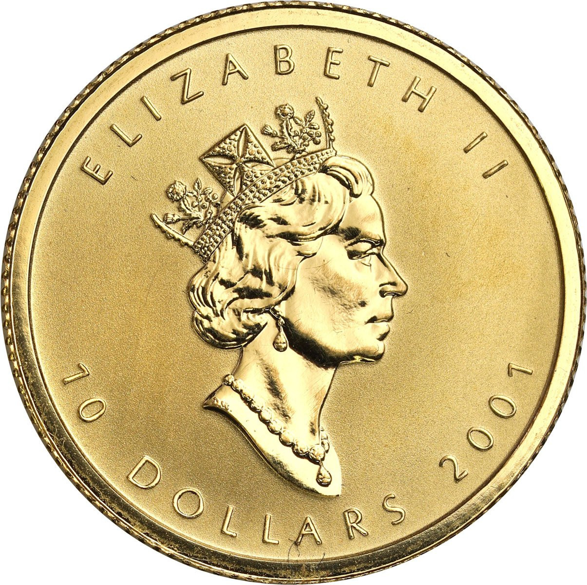 Kanada. Elżbieta II 10 Dolarów 2001 LIŚĆ KLONOWY – 1/4 uncji złota
