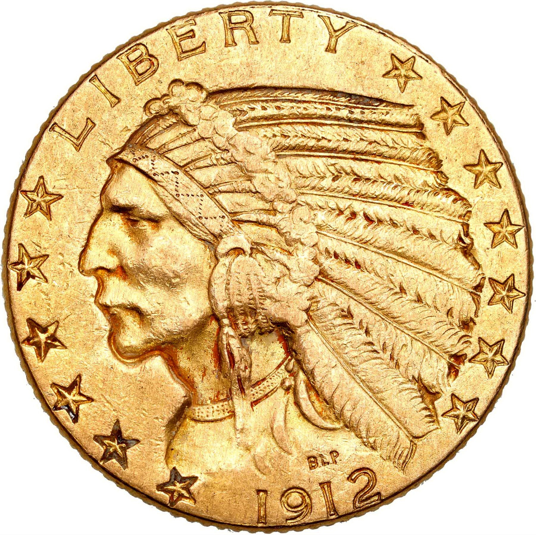 USA. Złote 5 dolarów 1912 Philadelphia Indianin