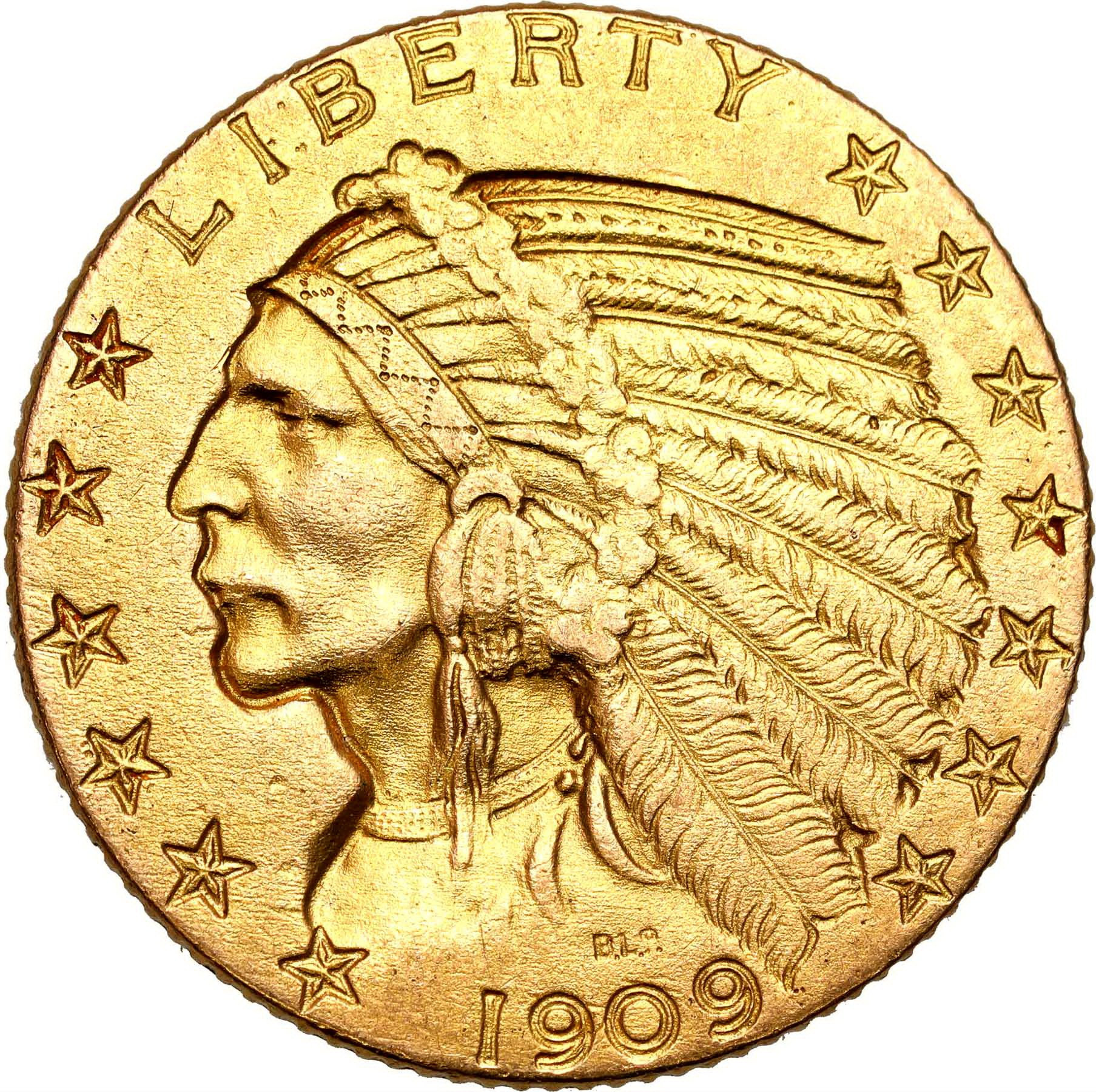 USA. Złote 5 dolarów 1909 Philadelphia Indianin