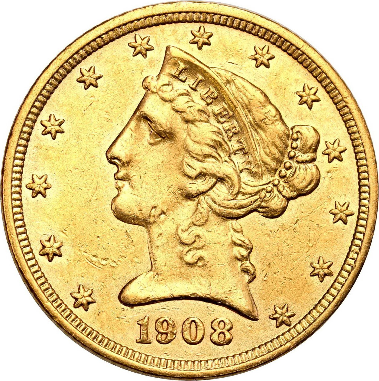 USA. Złote 5 dolarów 1908 Filadelfia