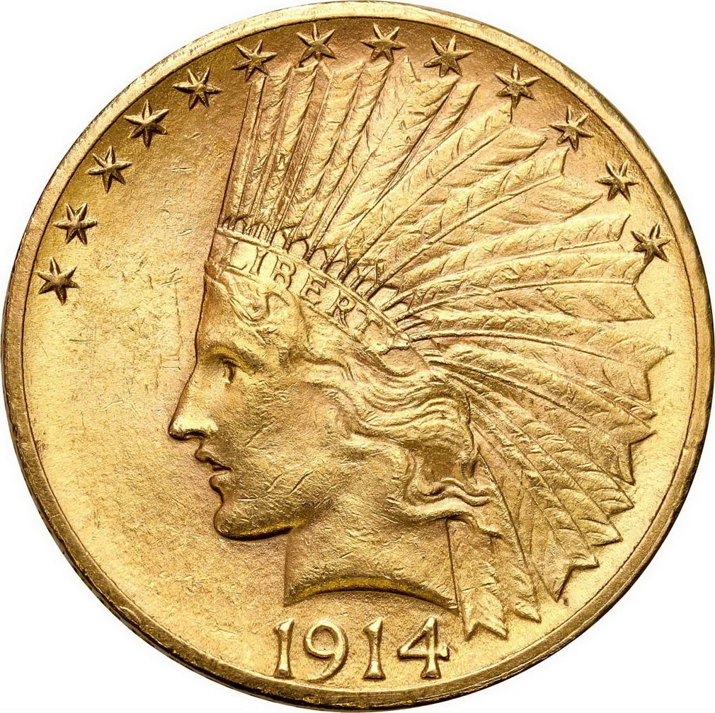 USA. Złote 10 $ dolarów 1914 Indianin Filadelfia