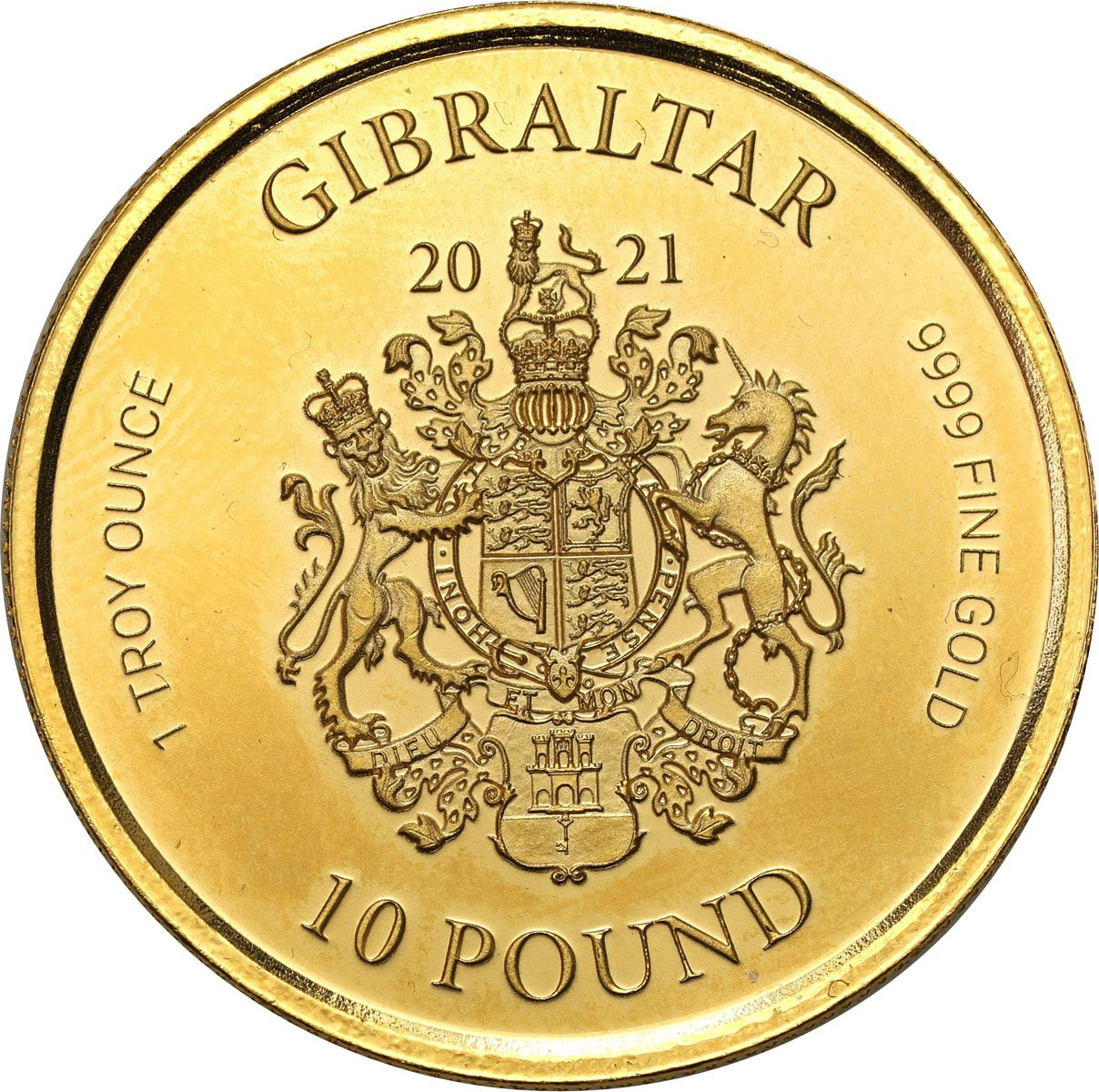 Gibraltar. 10 funtów - Lady Justice - uncja złota