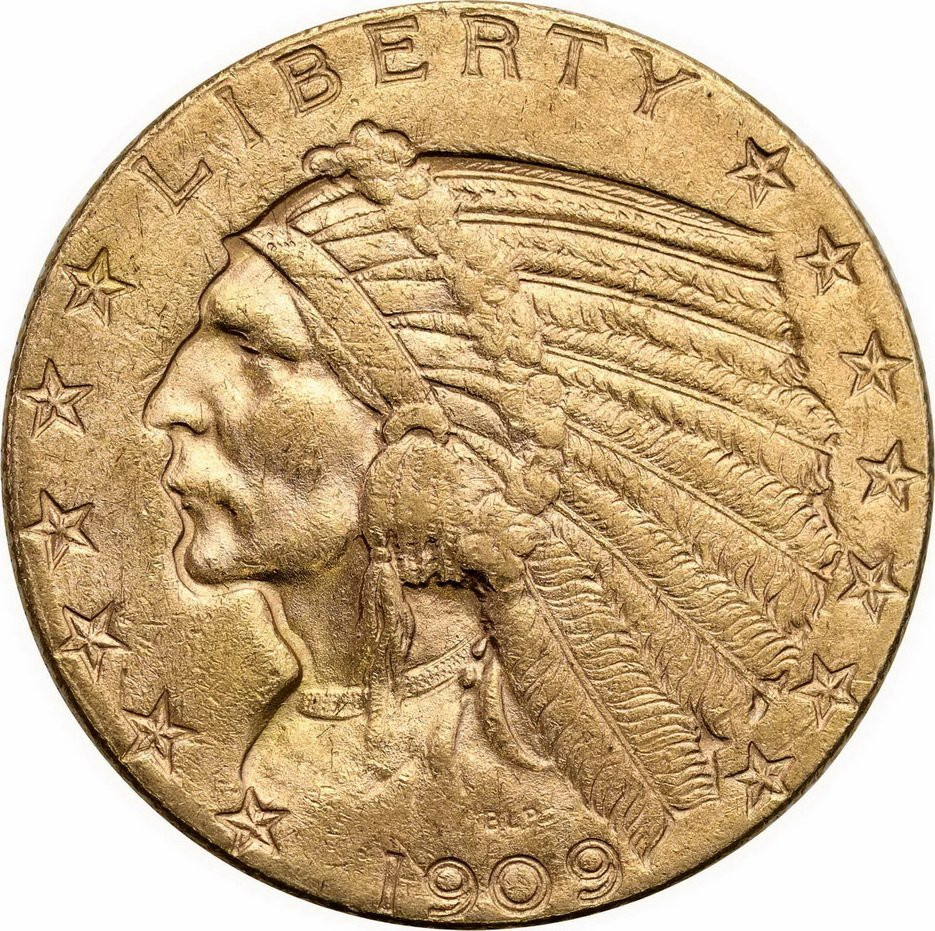 USA. Złote 5 dolarów 1909 Indianin - Filadelfia