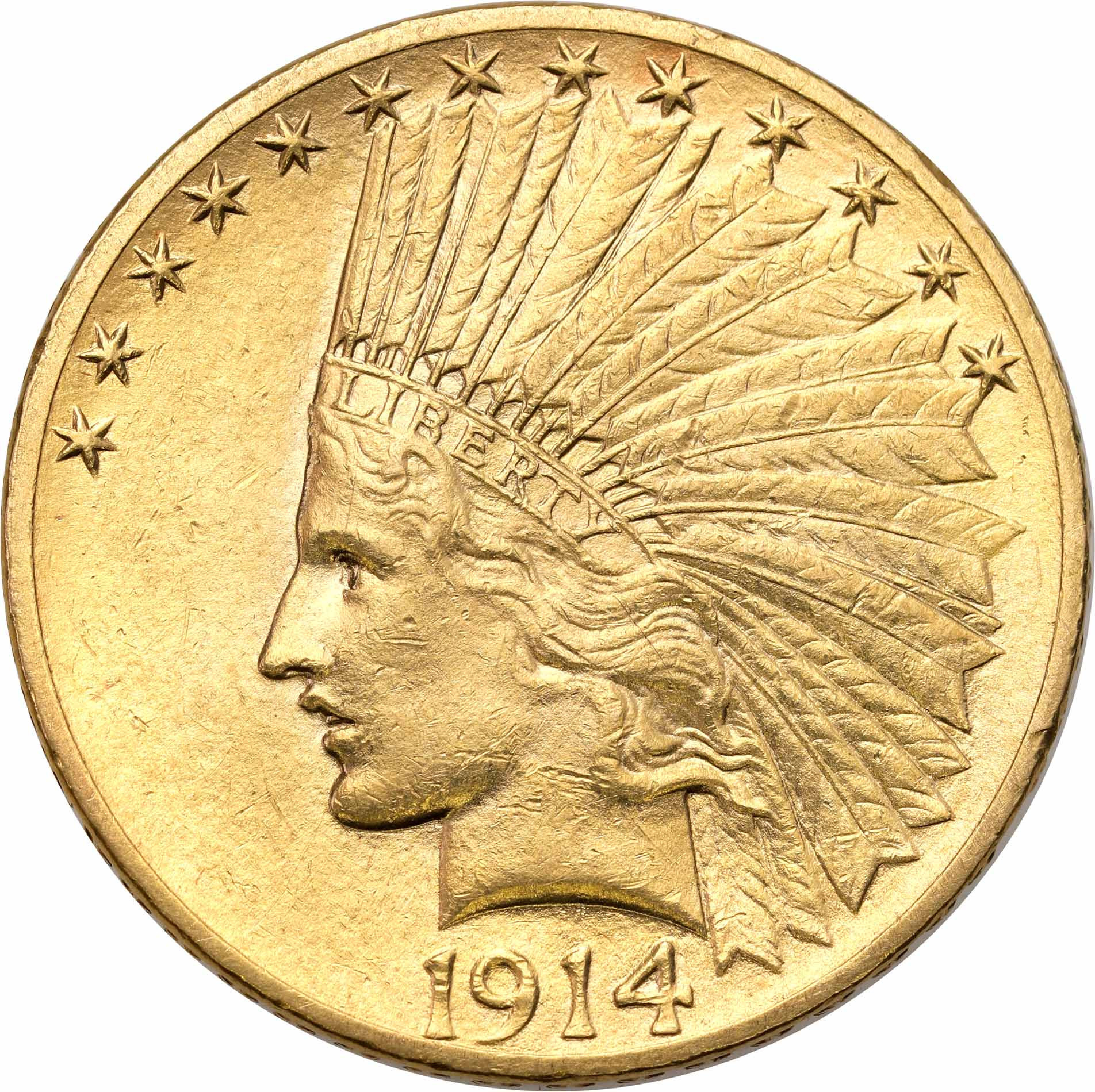 USA. Złote 10 $ dolarów 1914 Indianin Filadelfia - PIĘKNY