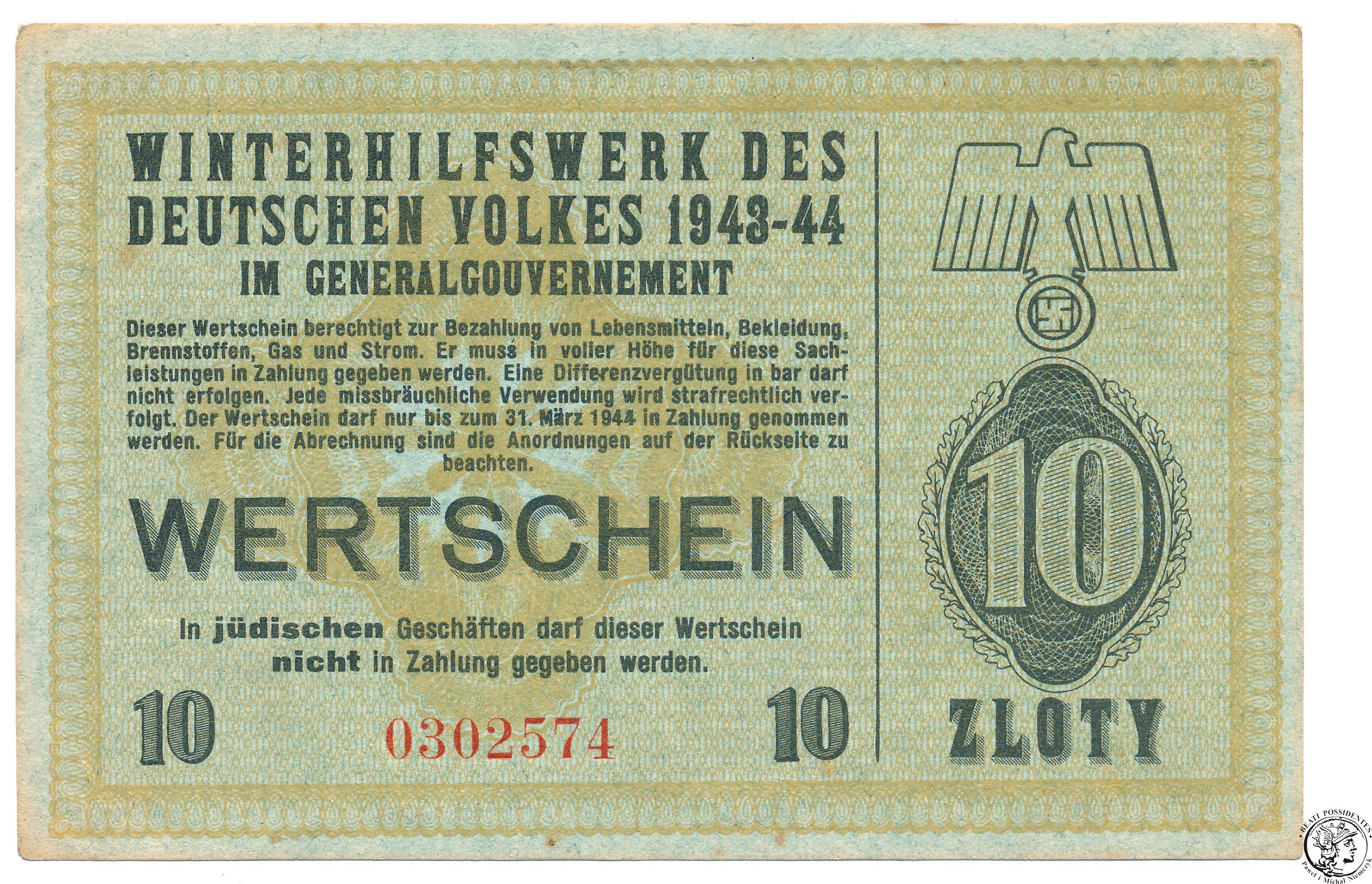 Generalne Gubernatorstwo Winterhilfswerk Pomoc Zimowa 10 złotych 1943/44 RZADKIE