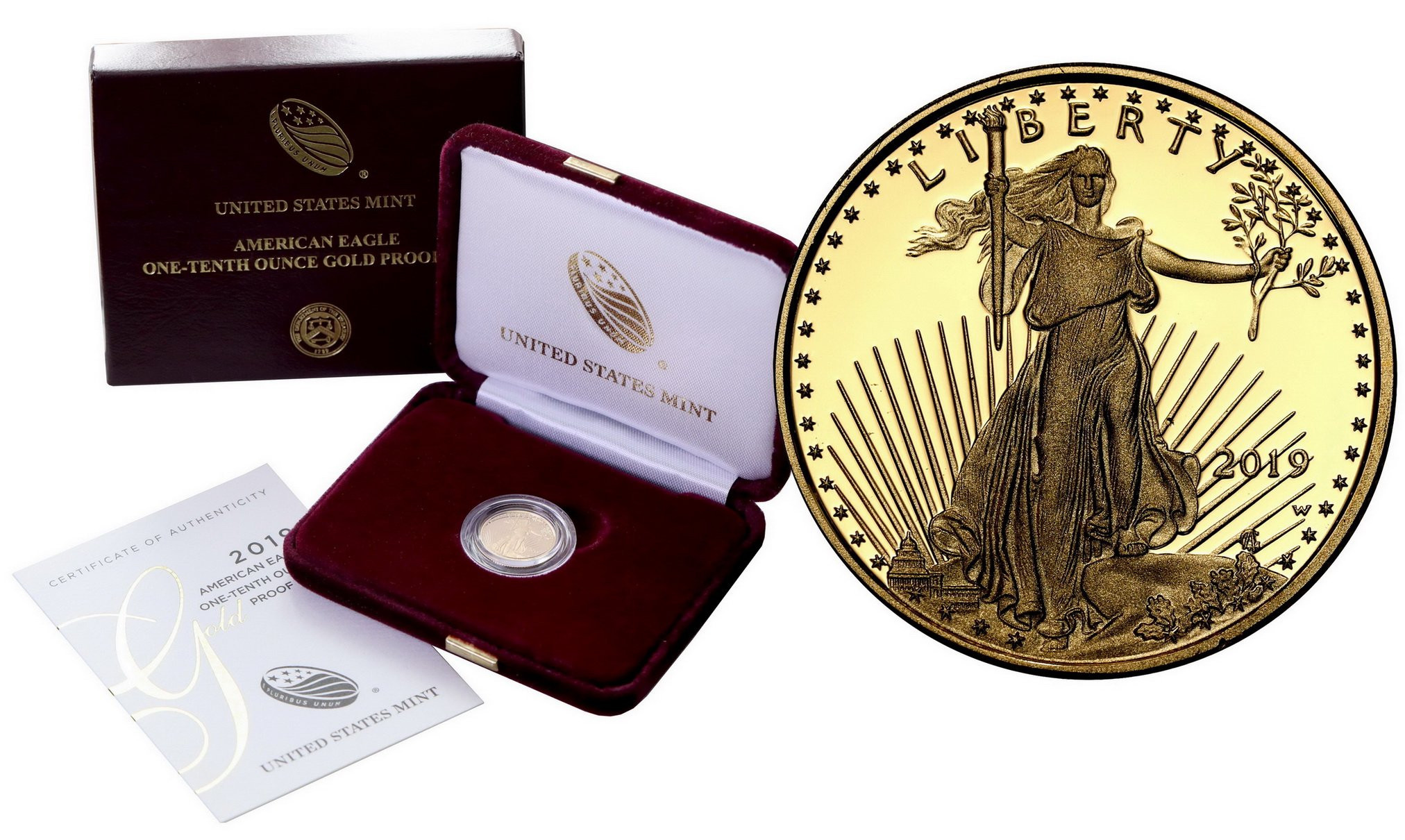 USA. Złote 5 $ dolarów 2019 Orzeł (Eagle) - LUSTRZANY – 1/10 uncji złota