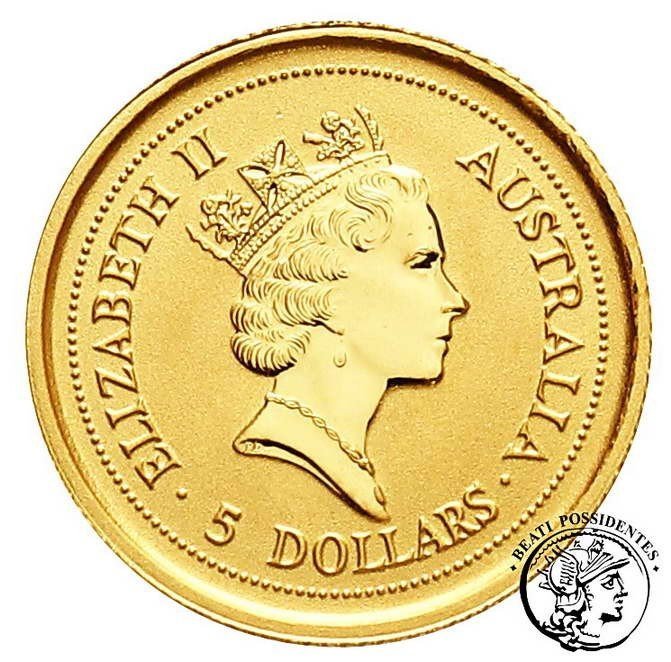 Australia Elżbieta II 5 dolarów 1997 1/20 Oz Au  kangur st. L stempel lustrzany