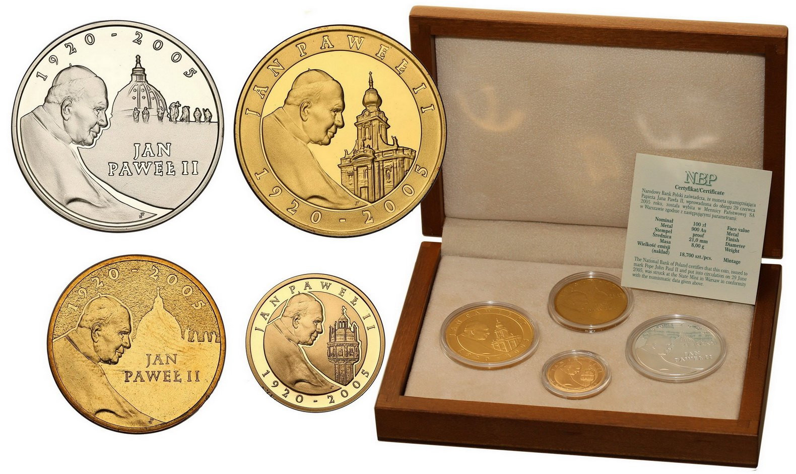 Zestaw Papież Jan Paweł II złoto + srebro 100 złotych 2005 - 4 szt - NA PREZENT