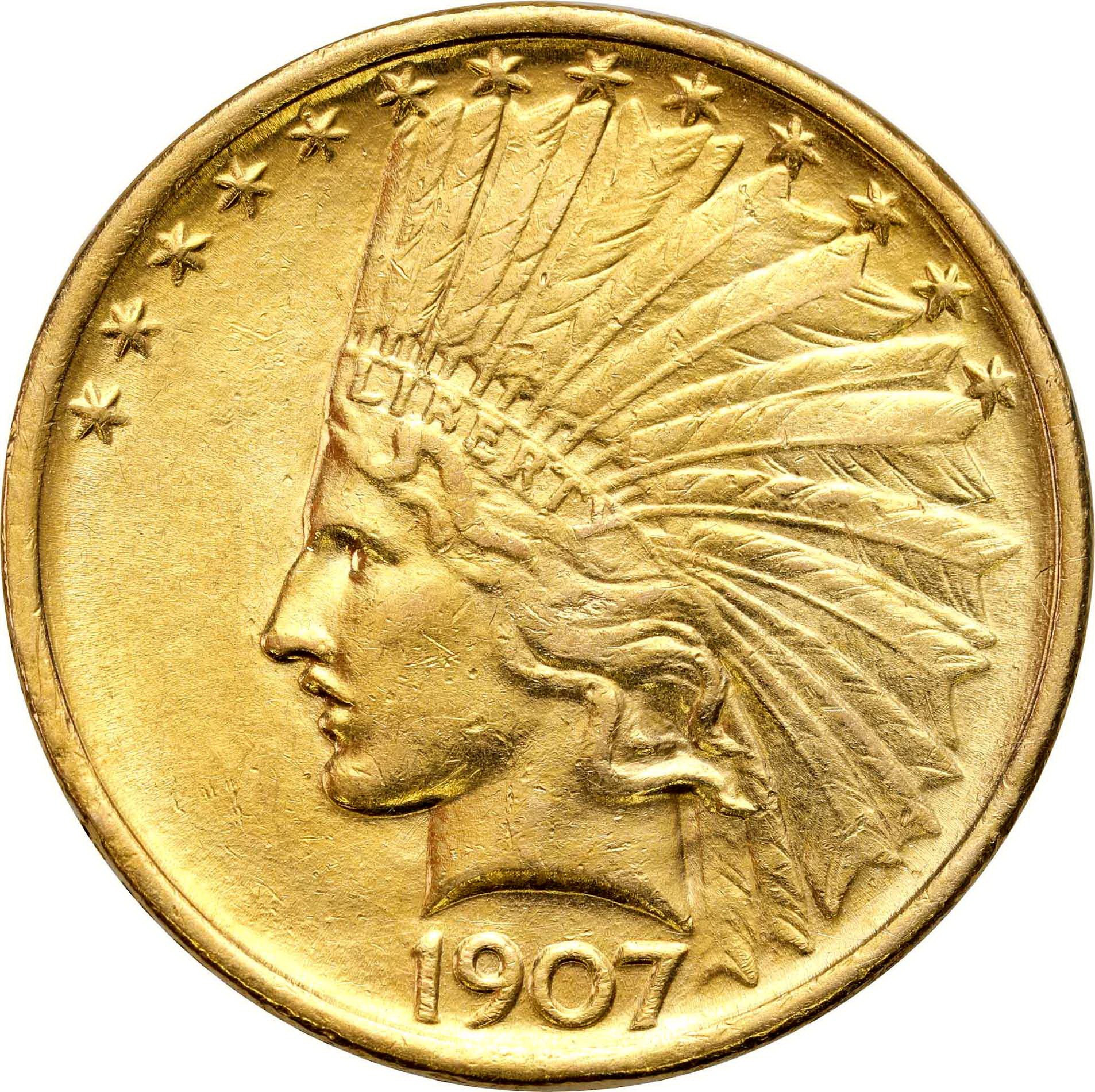 USA. Złote 10 dolarów Indianin 1907 - Pierwszy rocznik 10 dolarówki z Indianinem