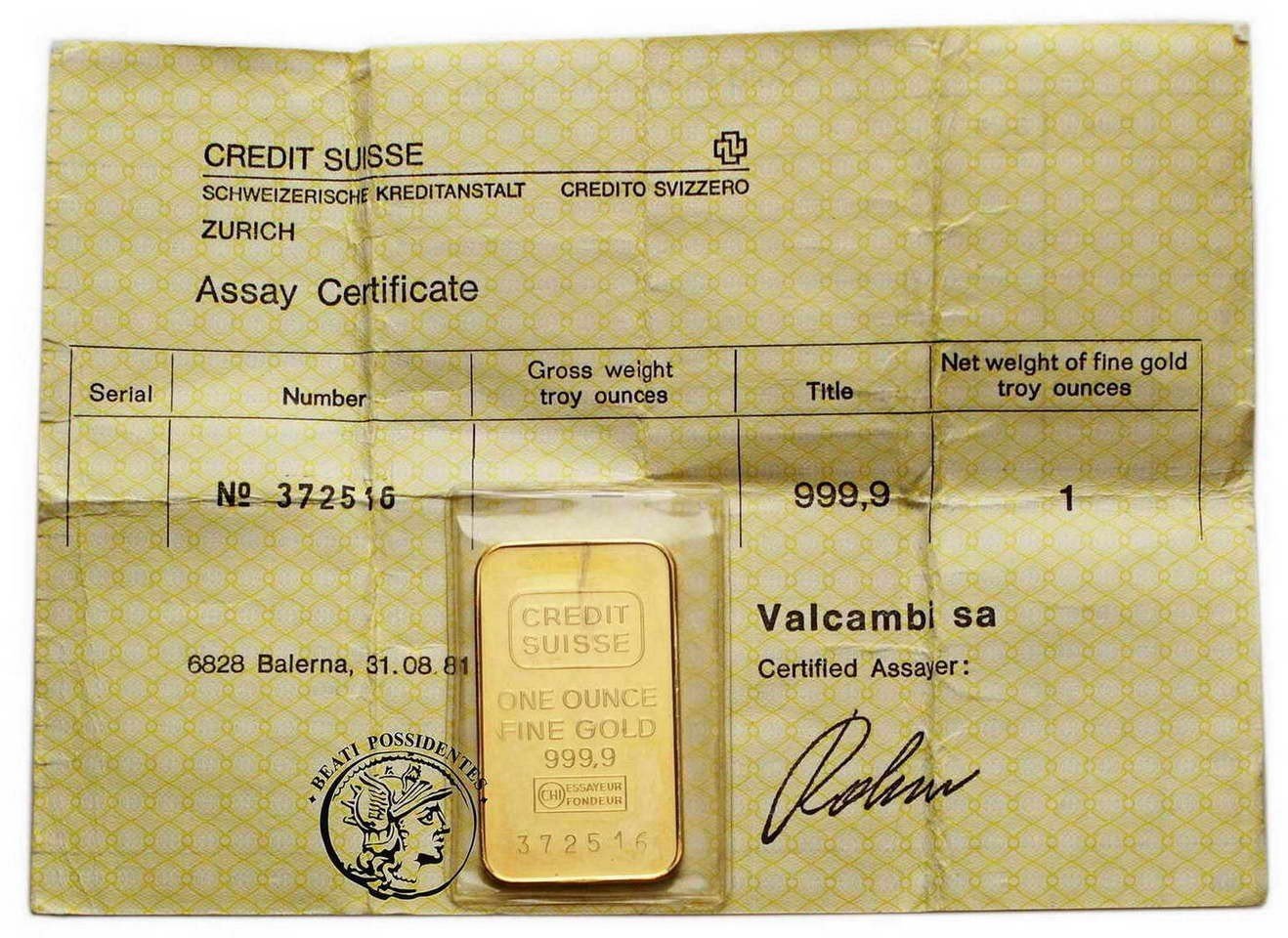 Szwajcaria sztabka uncjowa złoto 31,12 g Au .9999 st.1