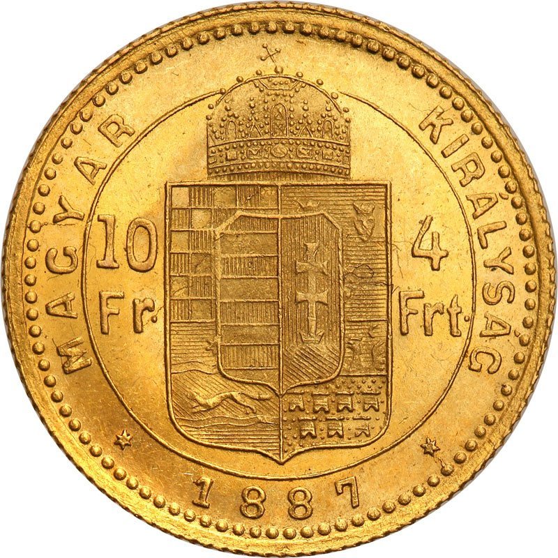 Węgry 10 franków = 4 Forinty 1887 KB st.1