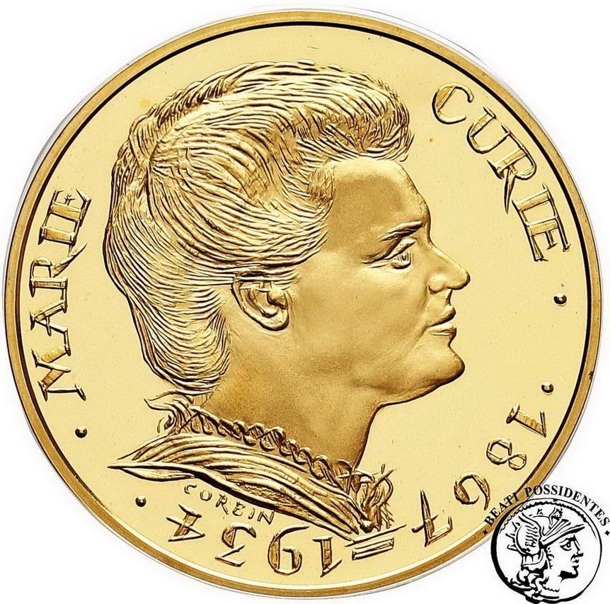 Francja 100 franków 1984 Skłodowska Curie odbitka w złocie st. 1