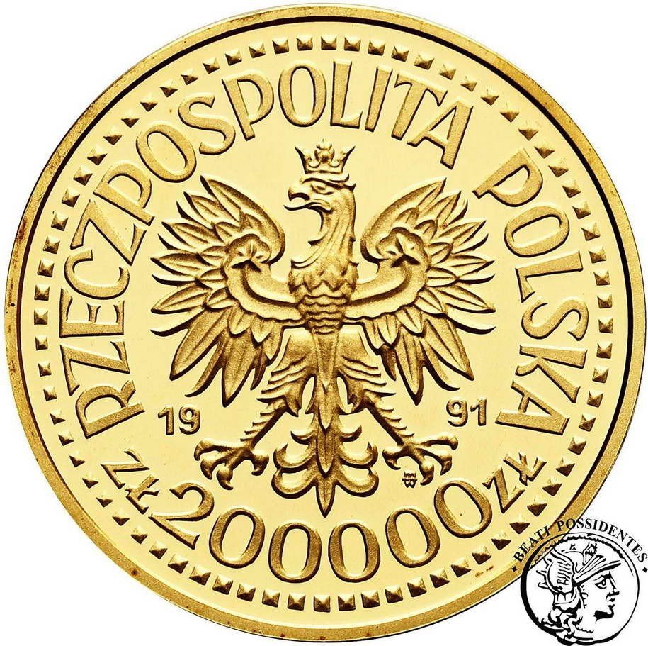 Polska 200000 złotych 1991 Jan Paweł II Ołtarz PRÓBA Au st. L- stempel lustrzany