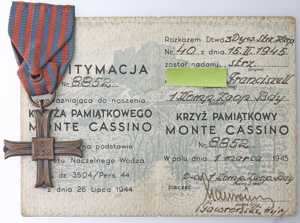 Krzyż Monte Cassino z legitymacją