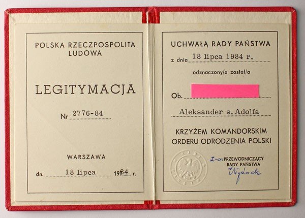 Legitymacja do Krzyża Komandorskiego Orderu Polonia Restituta