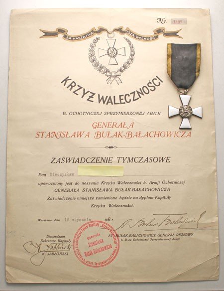 Krzyż Bułak-Bałachowicza z dyplomem