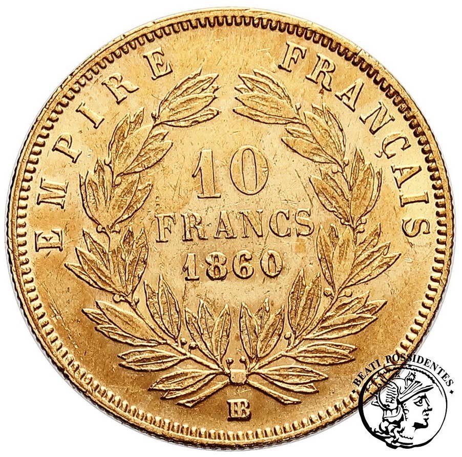 Francja Napoleon III 10 Franków 1860 BB Strasbourg st.3+