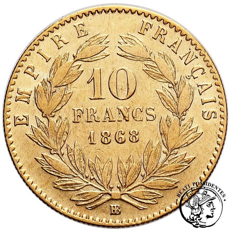 Francja Napoleon III 10 Franków 1868 BB Strasbourg st.3+