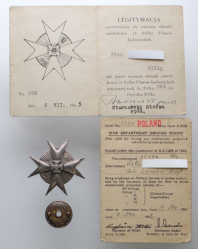 Odznaka 14 Pułku Ułanów Jazłowieckich z dokumentami