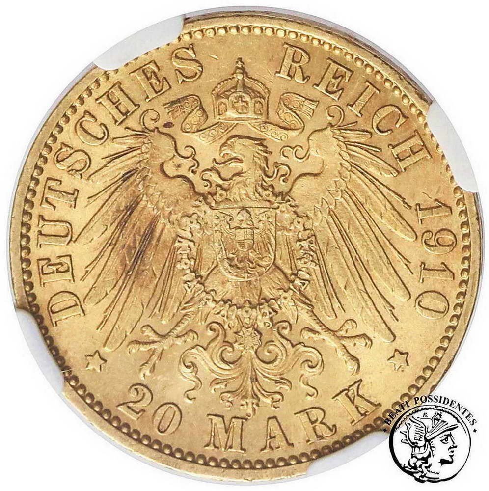 Niemcy Prusy Wilhelm II 20 Marek 1910 J Hamburg NGC MS61