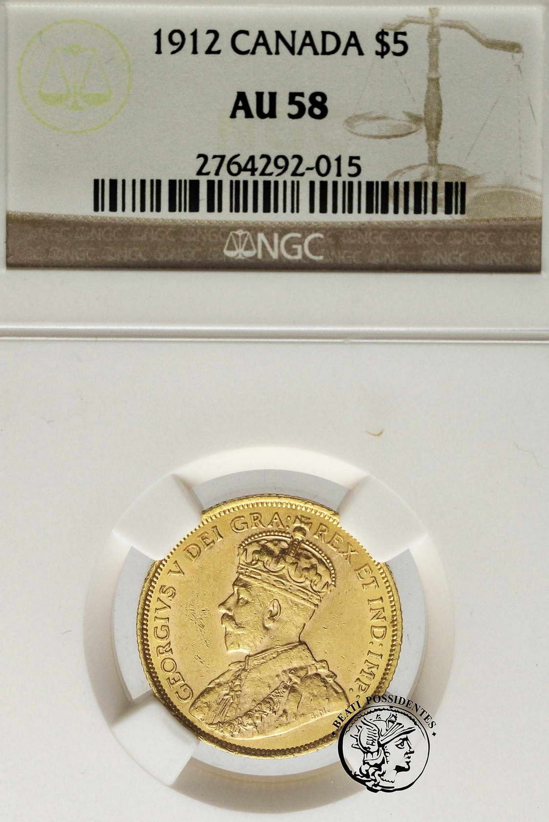 Kanada Jerzy V 5 Dolarów 1912 NGC AU58