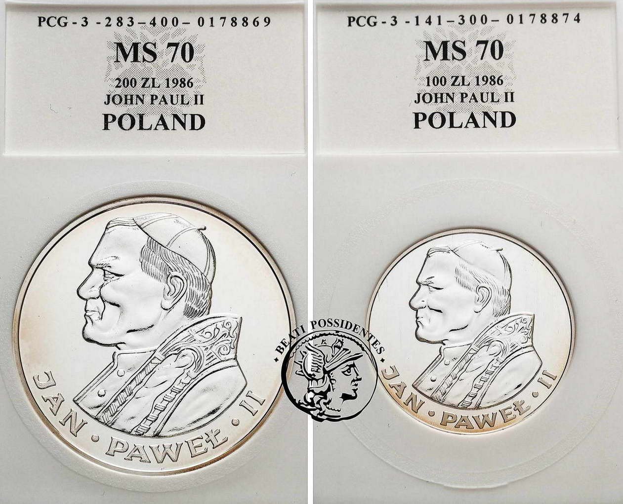 Polska Papież Jan Paweł II 200 i 100 złotych 1986 st. zw. PCG MS70 lot 2 sztuk