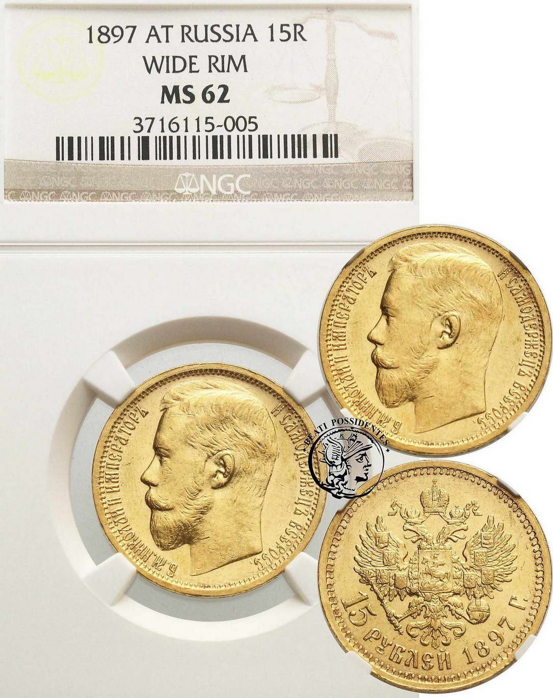 Rosja Mikołaj II 15 Rubli 1897 AG NGC MS62