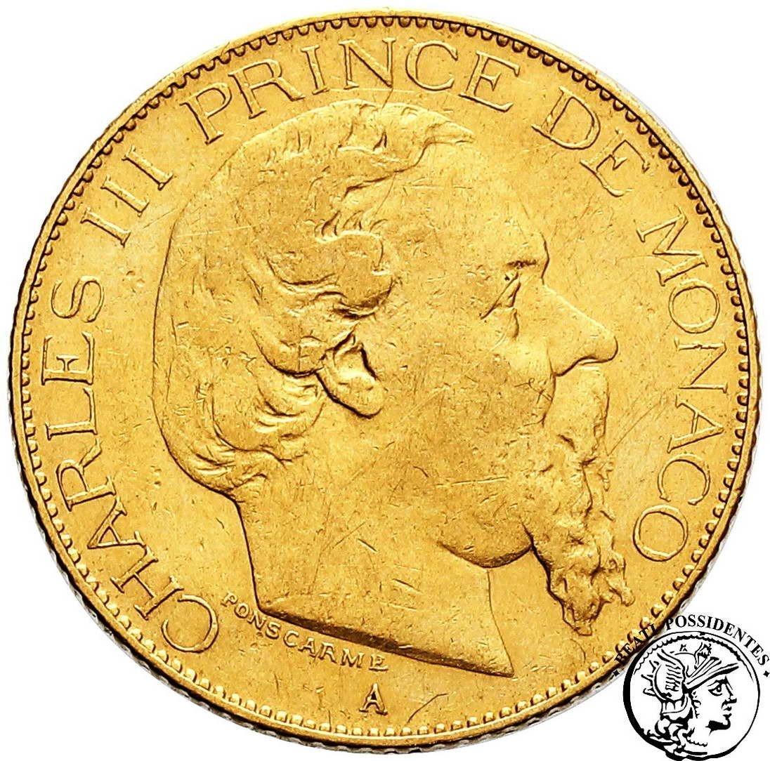 Monako 20 franków 1879 Karol III st.3+