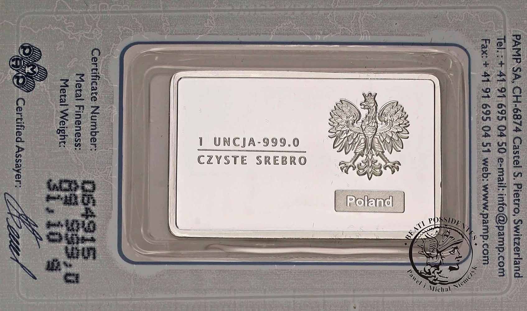 Polska sztabka 1 uncja czyste SREBRO Szczecin st.L