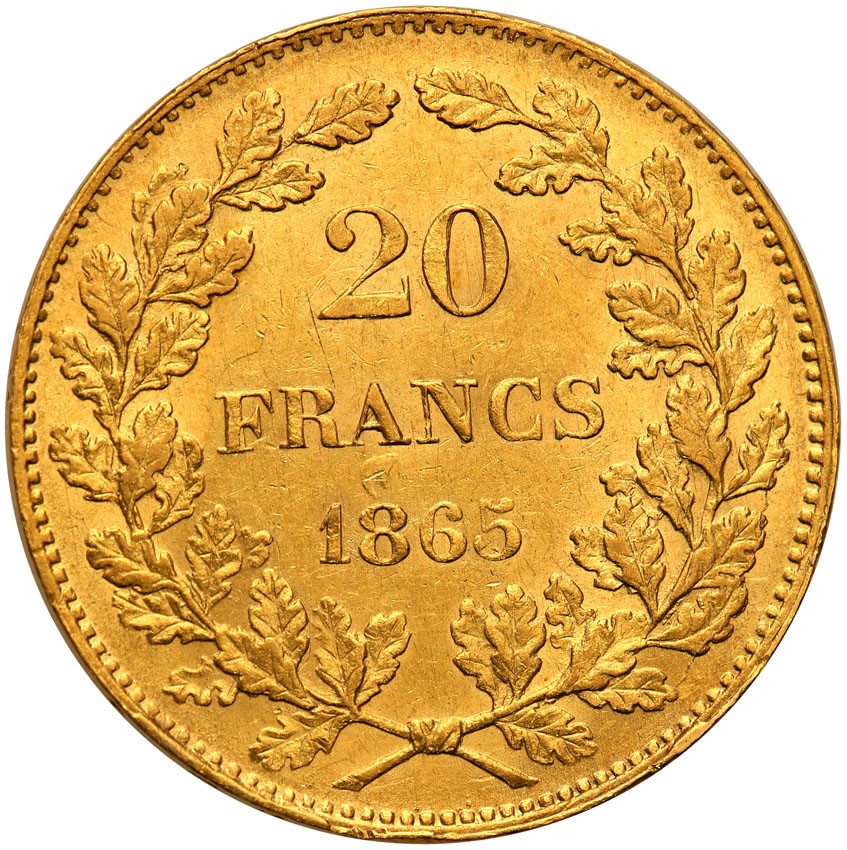 Belgia 20 Franków 1865 Leopold I st.1- PIĘKNE