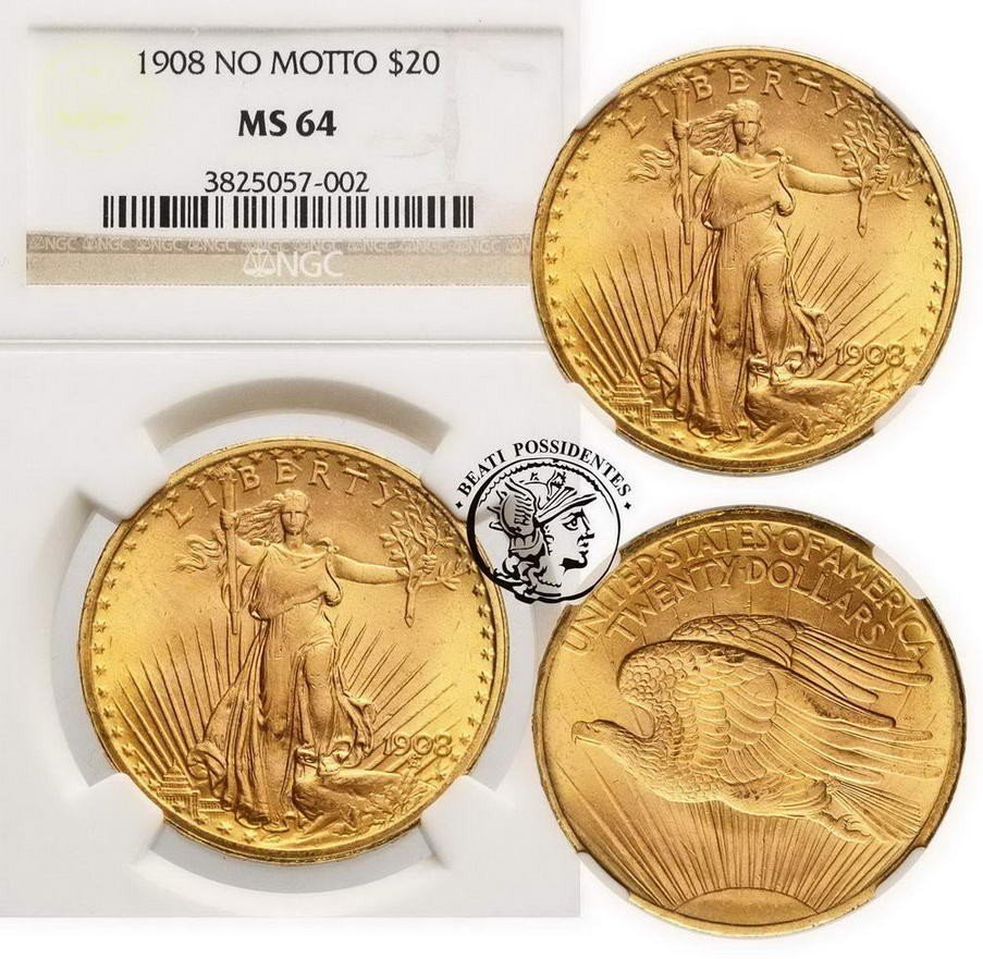 USA 20 dolarów 1908 NO MOTTO NGC MS64